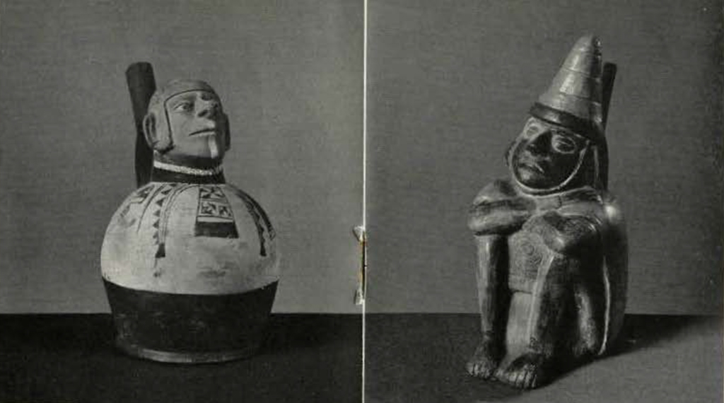 Two stirrup spout effigy vessels, right with mans head and a round body with painted clothing and weapons, left in the shape a sleeping man with knees to his chest and arms crossed, wearing a conical helmet