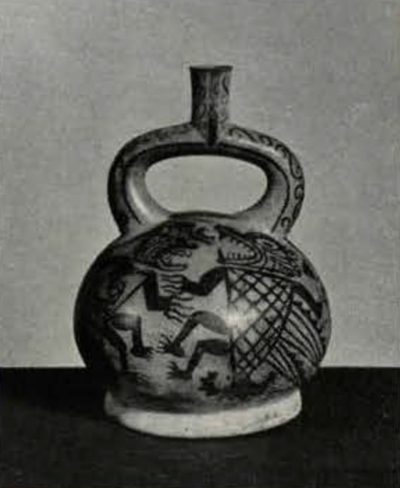 Stirrup spouted effigy vessel with painted globular base depicting warriors fighting monsters