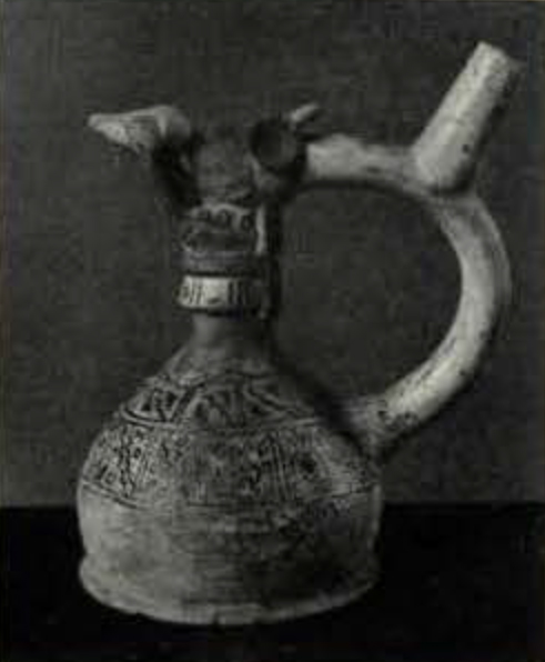 Stirrup spouted effigy vessel with a painted body and a man blowing a conch shell decorating the neck