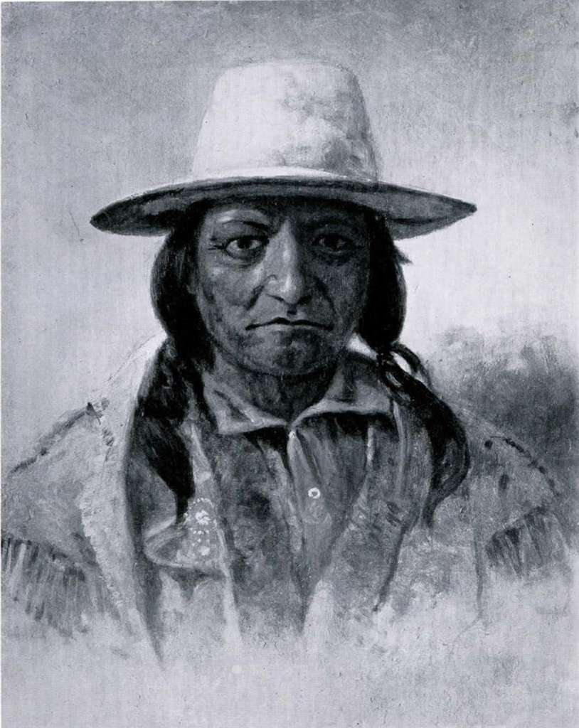 Painting of Sitting Bull, hair in two segments and wearing a hat