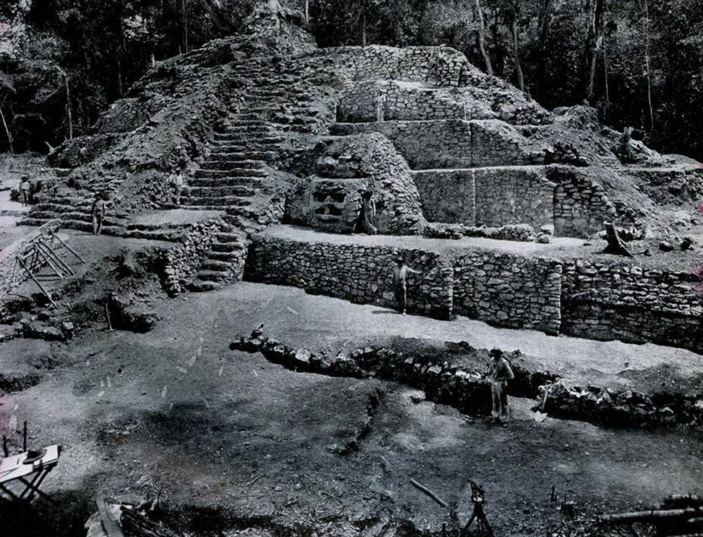 Excavated stepped stone pyramid showing stairs up the middle