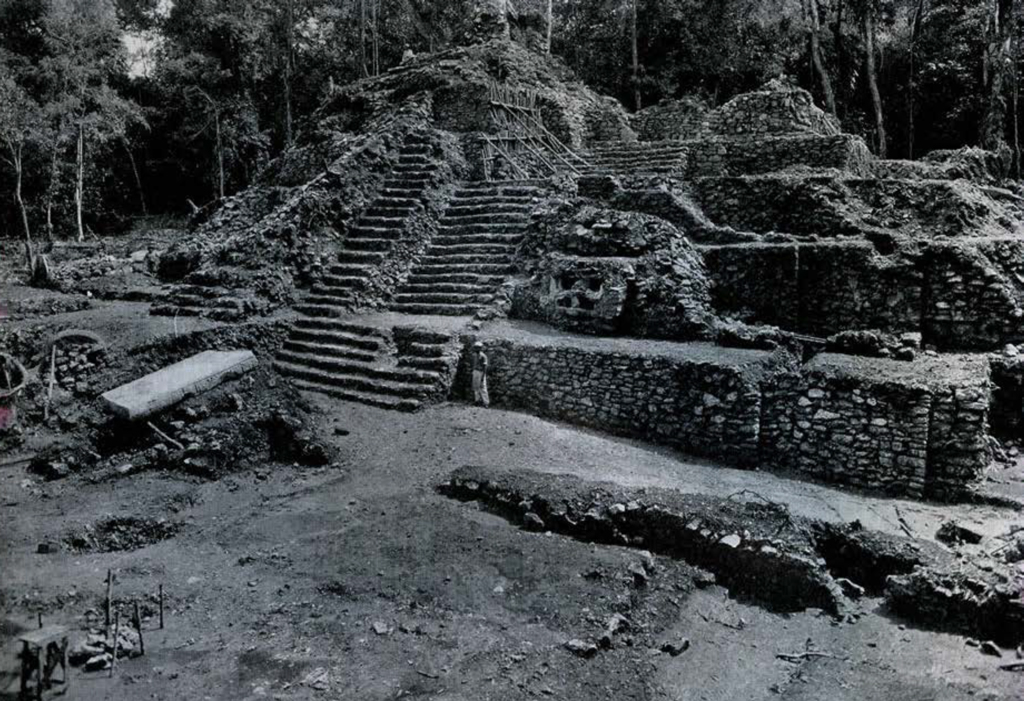 View of a stepped pyramid with a stairway in the middle