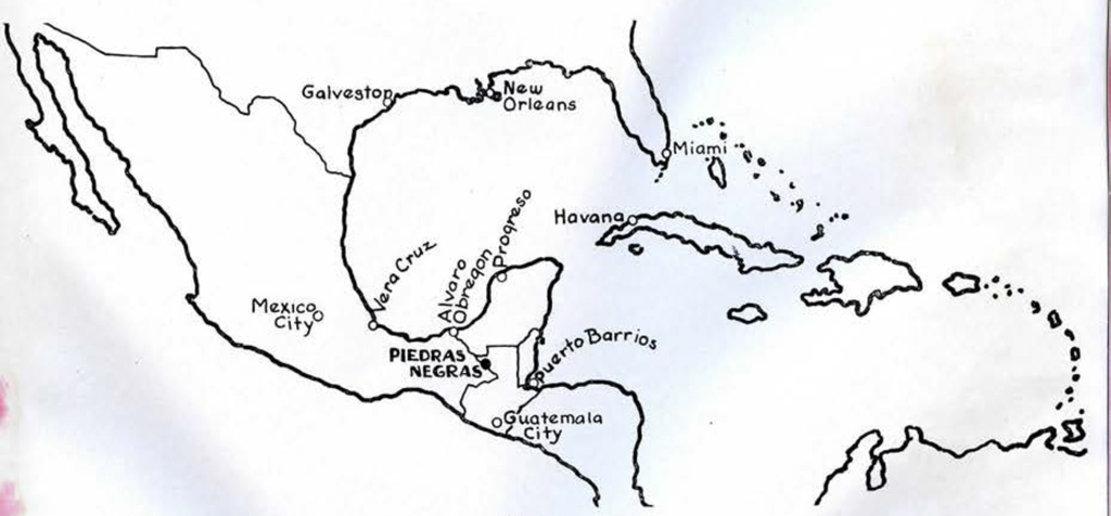 Drawn map of Mexico, Guatemala, and the Caribbean showing the site of excavation in relation to large cities