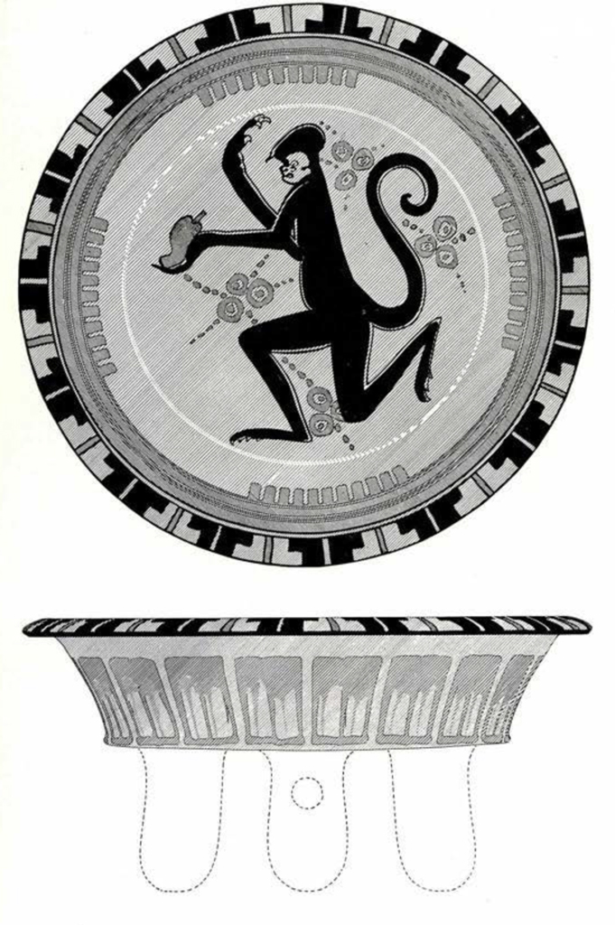 Drawing of reconstruction of the inside and sides of a bowl with a geometric design on the rim and a running monkey in the middle