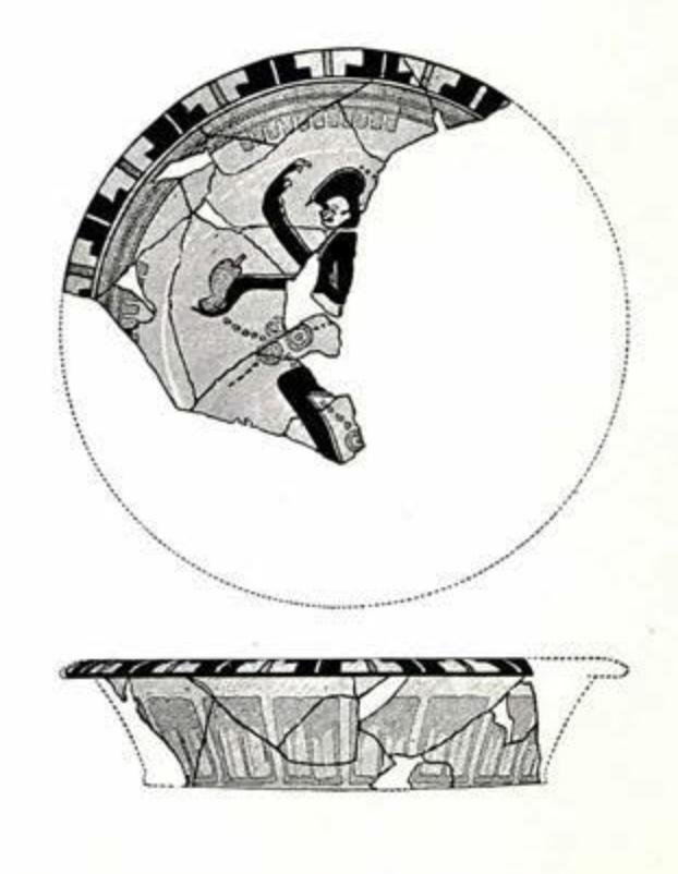 Drawing of fragments pieced together showing the inside and sides of a bowl with a geometric pattern on the rim and a monkey in the middle