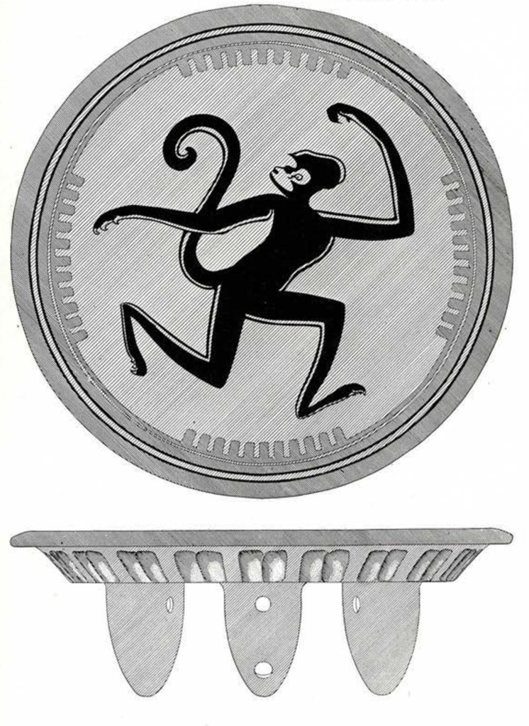 Drawing of a reconstruction of a tripod plate showing the side and inside views, a monkey running is depicted in the middle of the plate