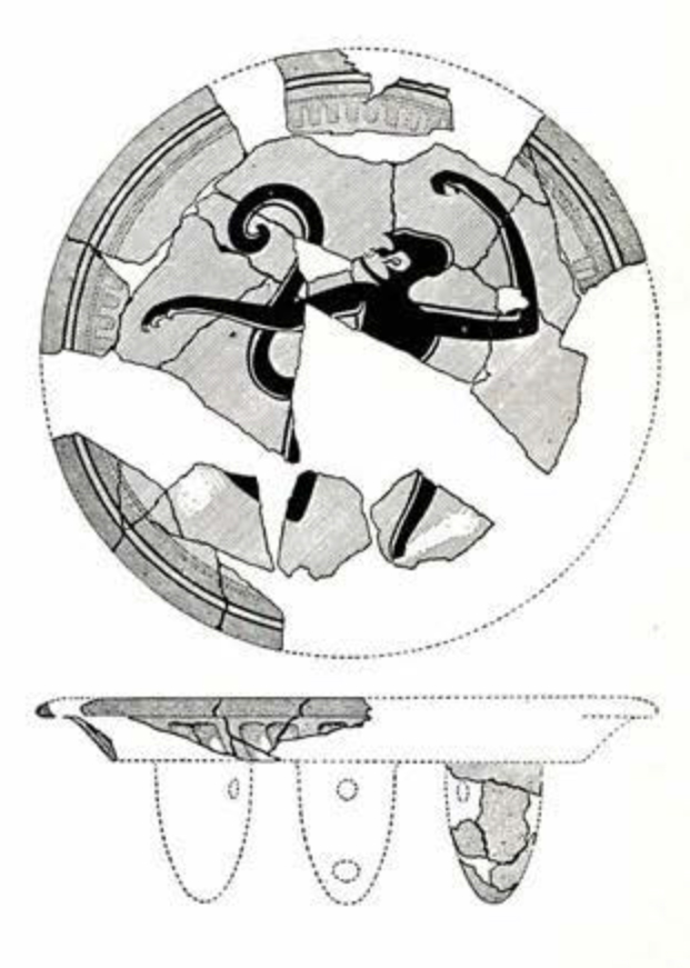 Drawing of fragments of a tripod plate pieced together to show the side and inside views, monkey running in the middle of the plate