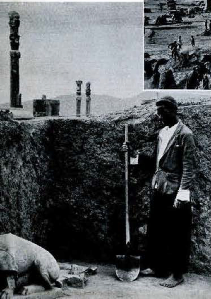 A man standing in a pit with a shovel, part of a stone animal in the pit with him