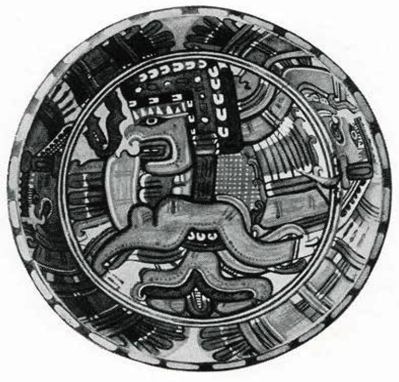 Illustration of the interior of a tripod bowl painted with a supernatural bird-human figure