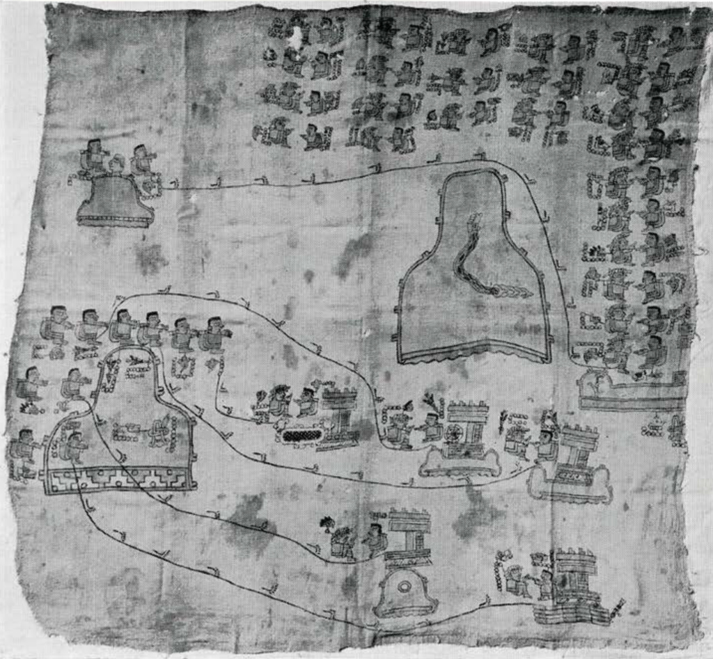 A genealogical map drawn onto cloth showing figures and their family lines