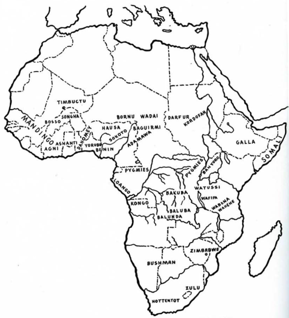 A drawn map of Africa labelled with locations