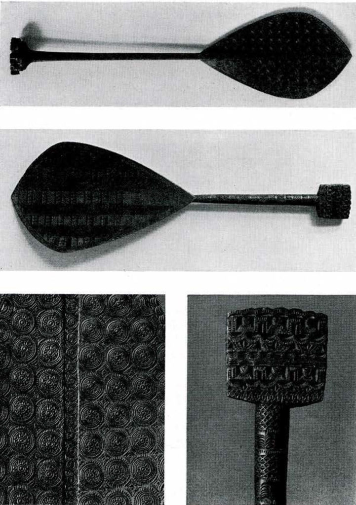 Two different wooden paddles, a close up of a handle of the second paddle and a close up of the decorative carved pattern on the first paddle.