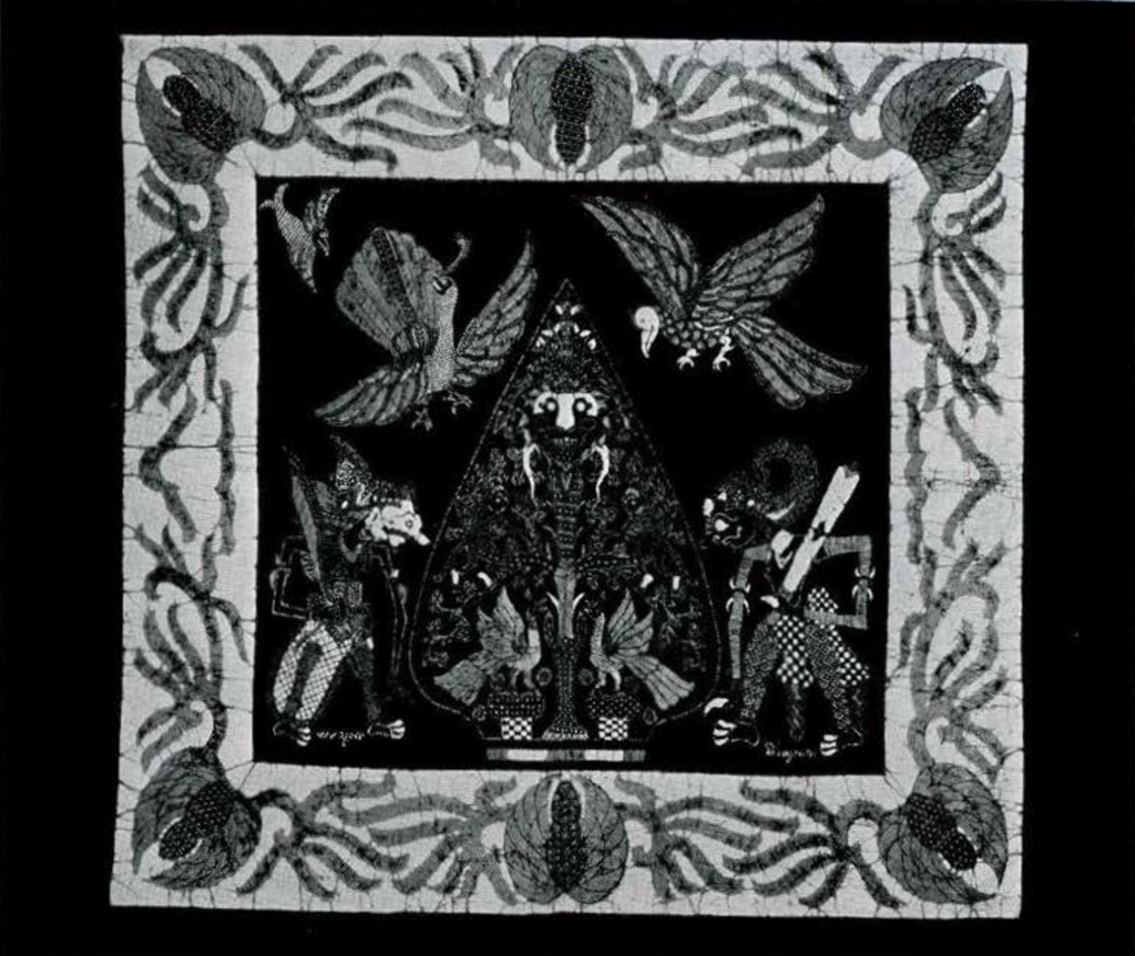 Shawl with representation of scene in a puppet play, two figures of contending warriors, one on each side of the mountain with a tree, figures of monkeys, and birds.