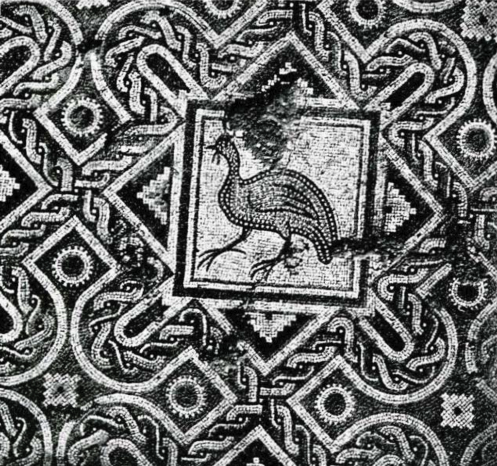 A geometric pattern mosaic with a depiction of a pheasant in the middle.