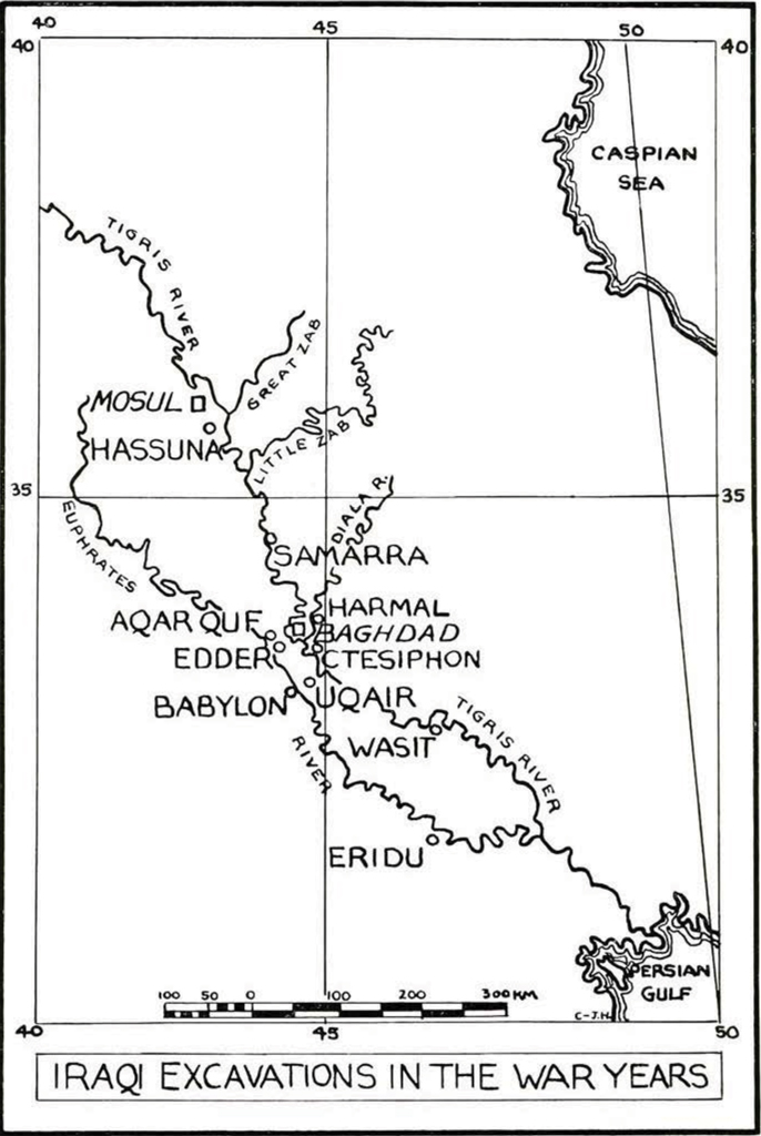 Drawn map of Iraqi Excavations in the War Years showing rivers and sites of excavation.