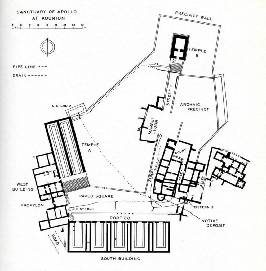 A drawn plan of the sanctuary of Apollo with labelled rooms and drains.