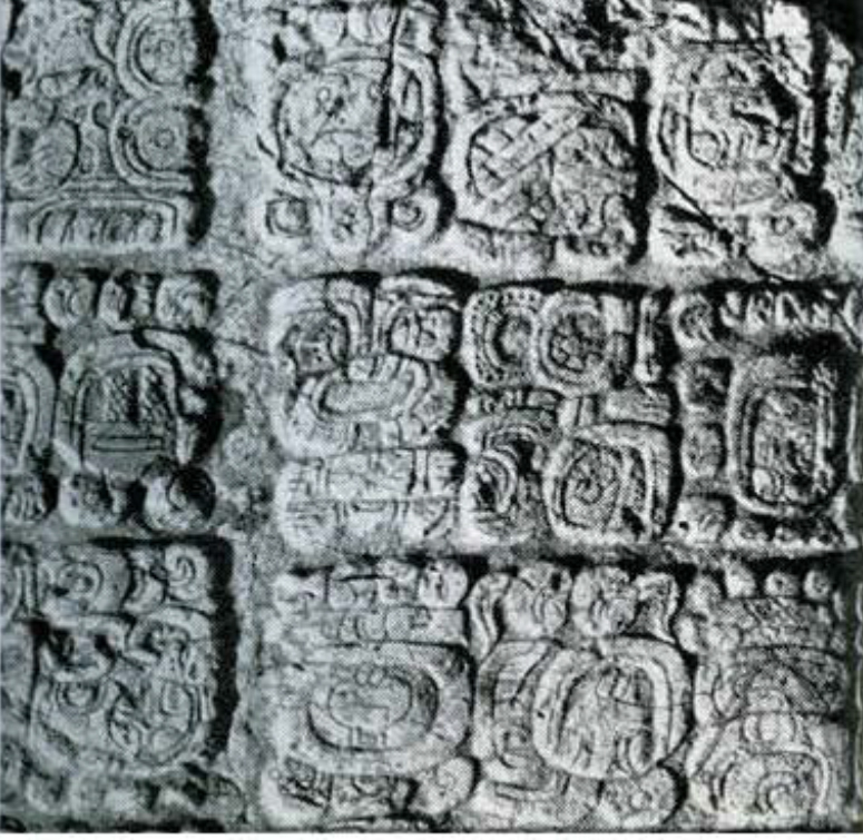 Close up of a grid of carved stone glyphs.