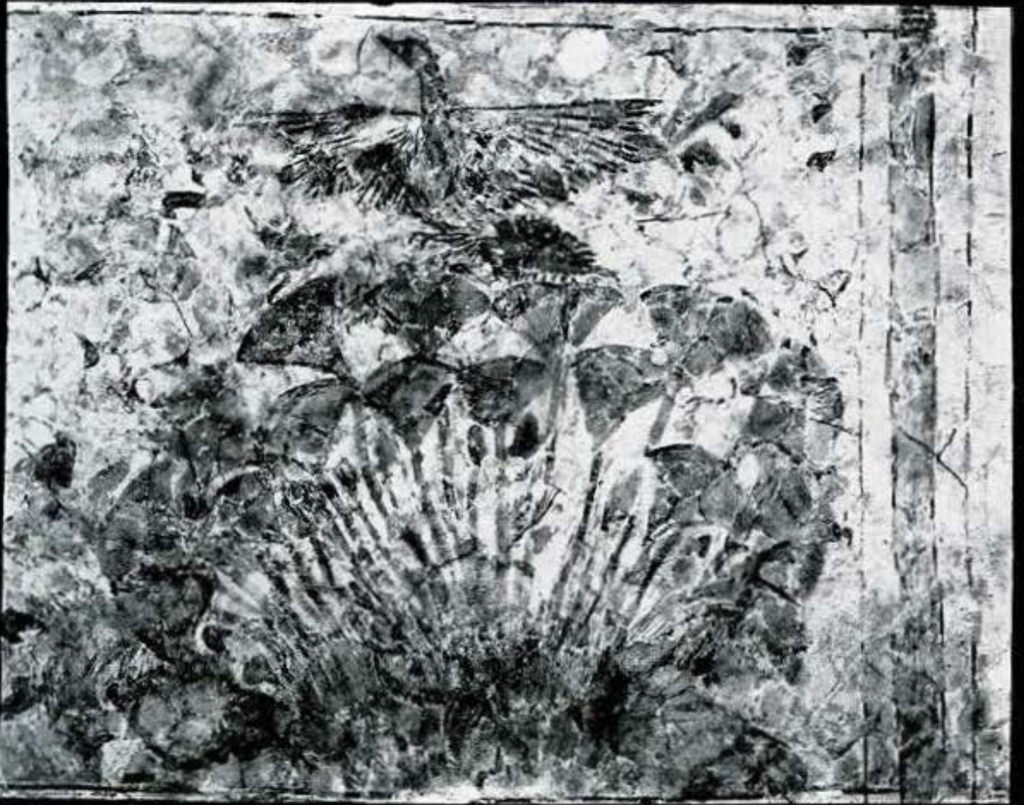 Plaster painted with tempera of a wild duck startled out of a clump of papyri floral floor panel.