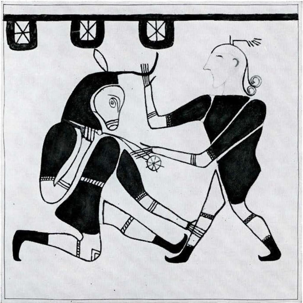 Drawing of the design on a tile, Thesues killing the Minotaur.
