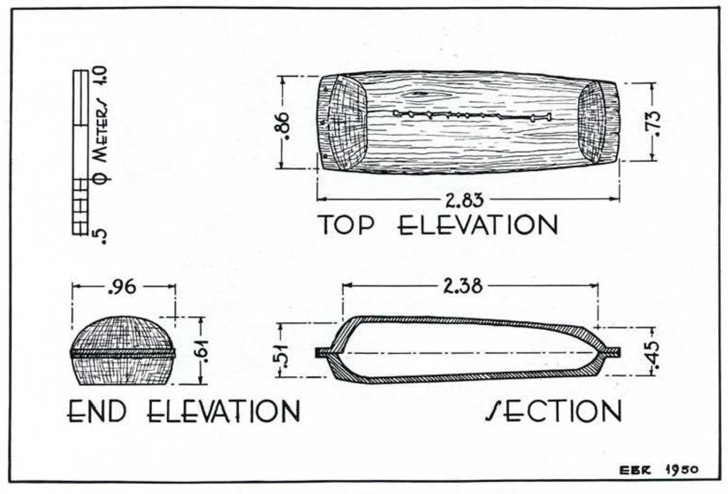 Different drawn views of a coffin, including a cross section.