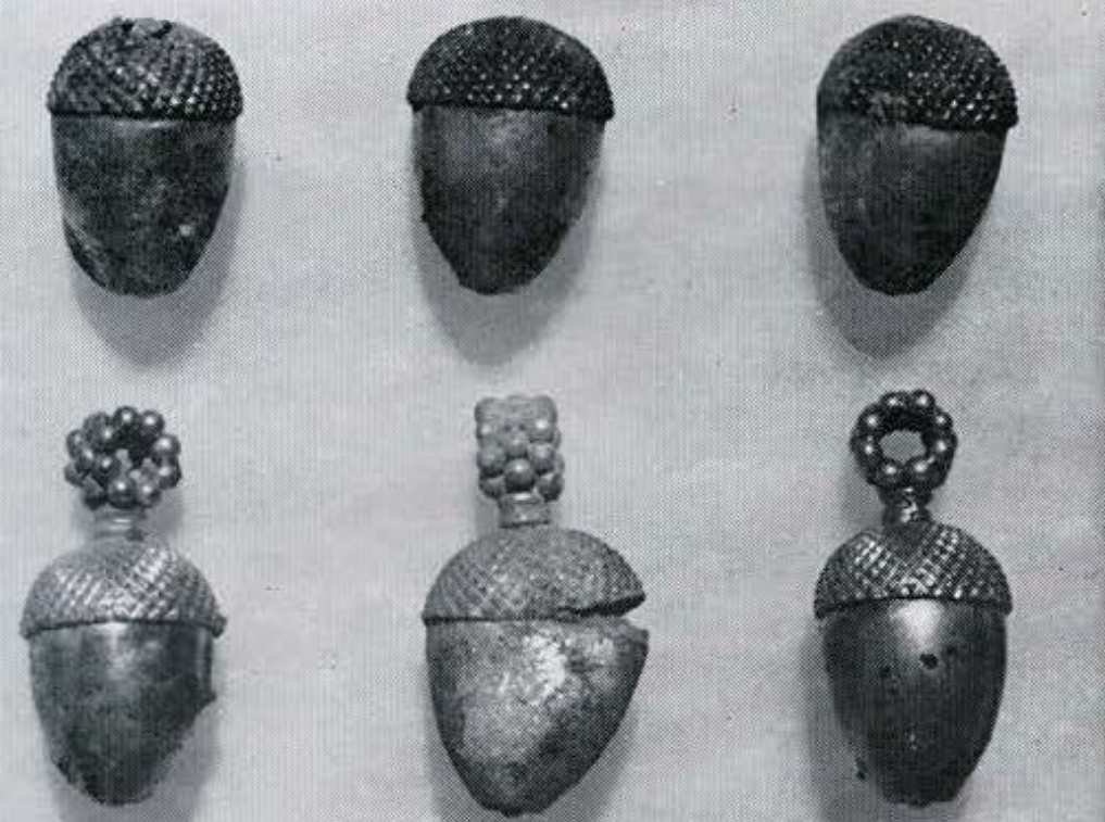 Six acorn shaped pendants.