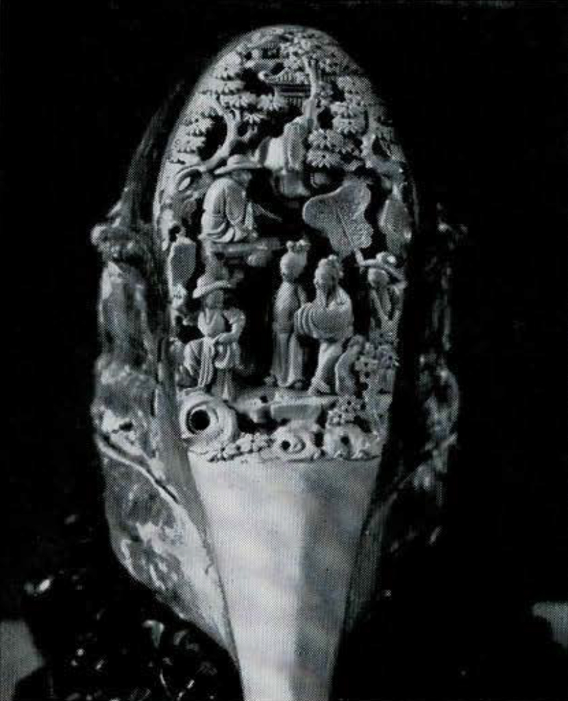 Close up of scene carving on hornbill skull.