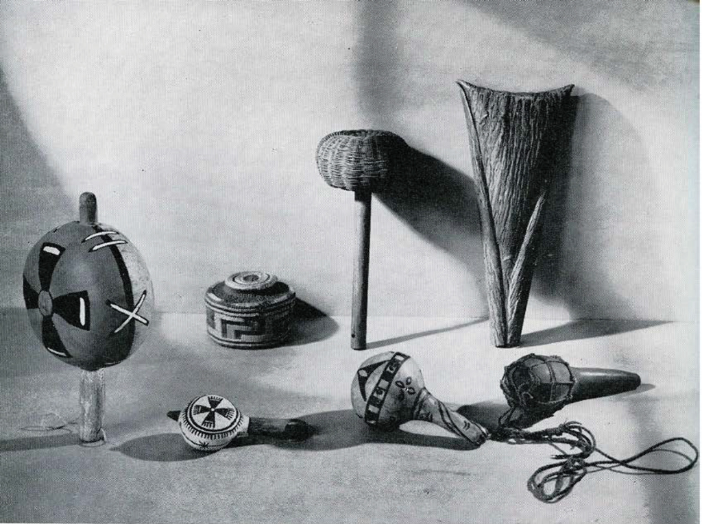 An assortment of rattles from various cultures, in a variety of shapes and sizes