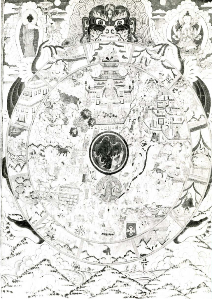 Painting of the wheel of life in many segments, with an outer rim in more segments, a demon holds the wheel.