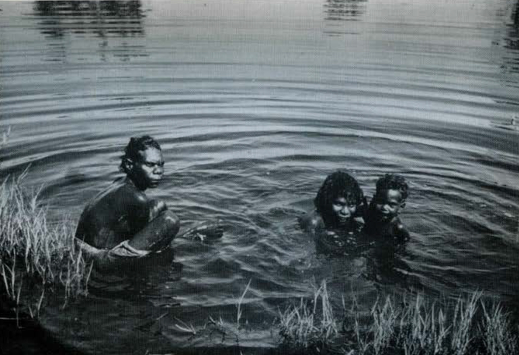 A man, woman, and child swimming in a river.