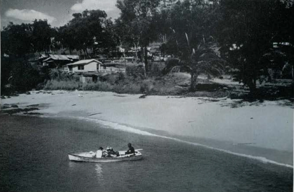 People in a boat just off the beach, houses behind them on the shore.