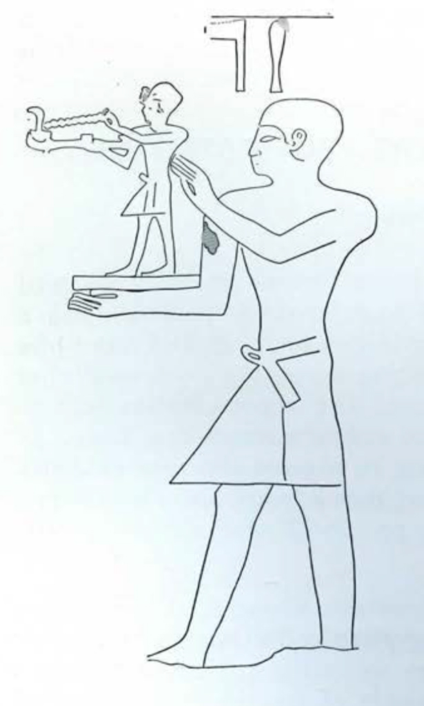 Line drawing of Priest carrying a statue of Tuthmosis III censing.