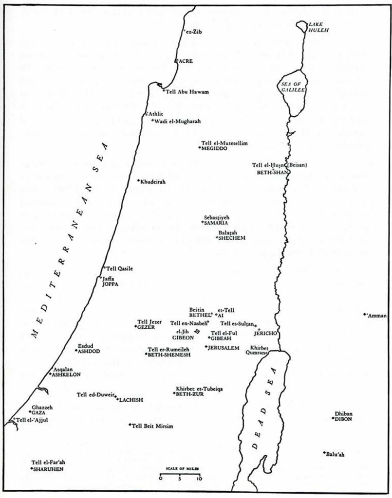 Line drawing map of Palestine with cities and archaeological sites marked.