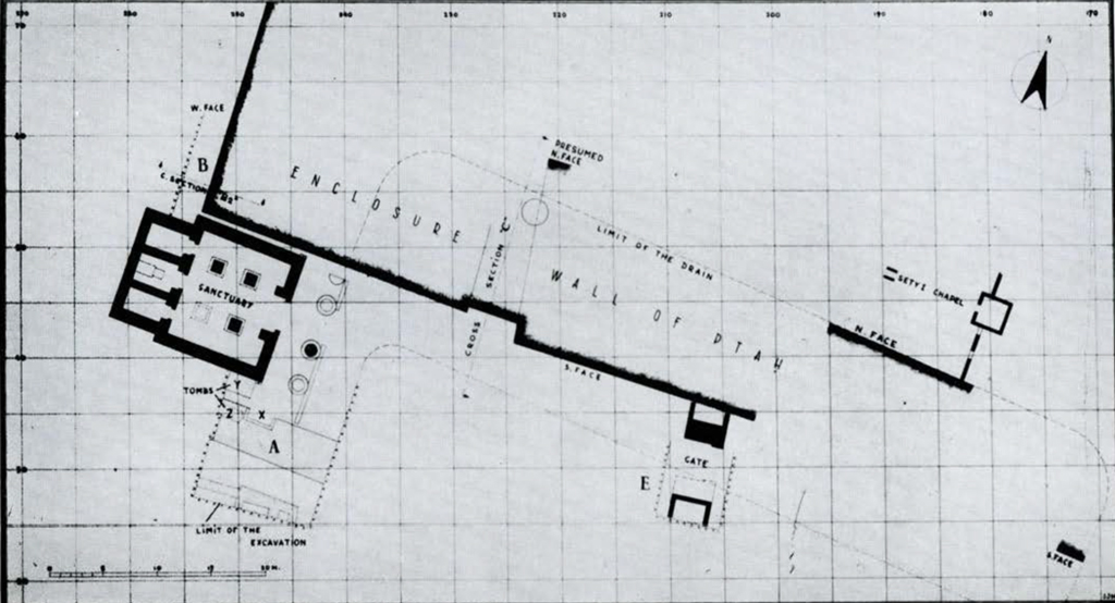 Drawn plan of excavations on a grid, showing the enclosure wall location and sanctuary location.