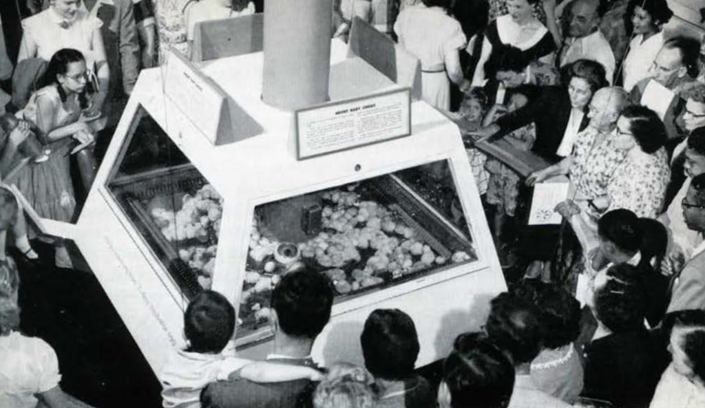 A crowd gathered around an incubation chamber with glass windows.