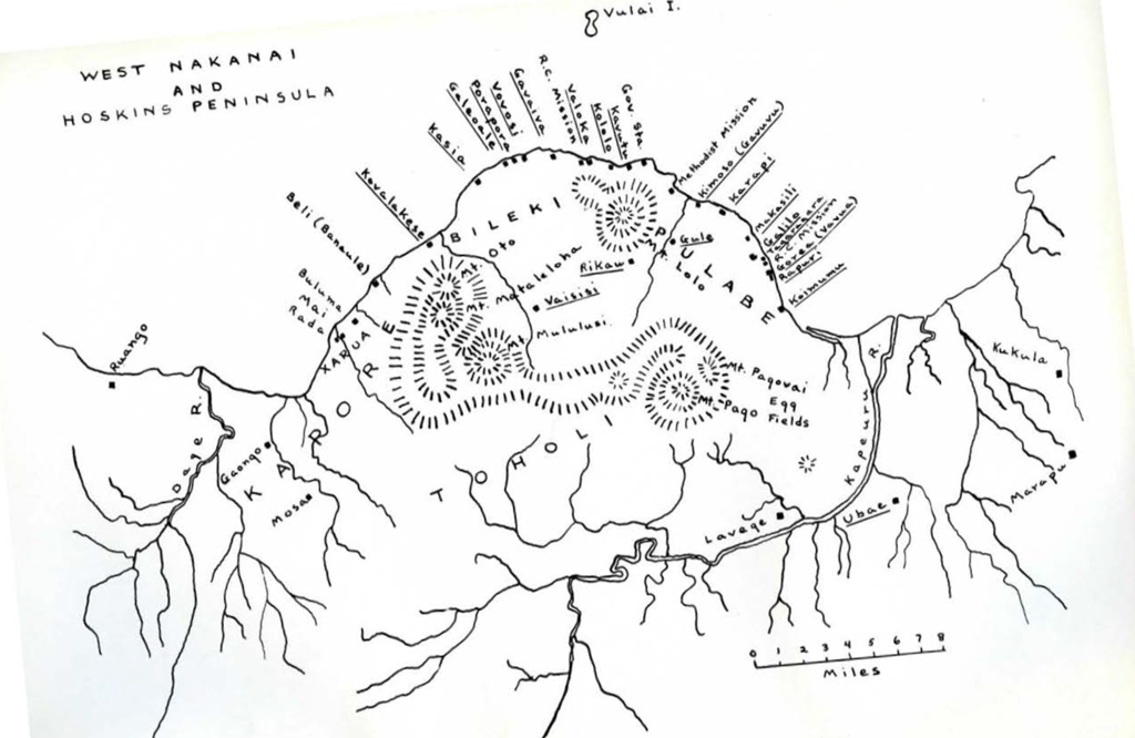 Drawn map of Hoskins Peninsula with villages marked.