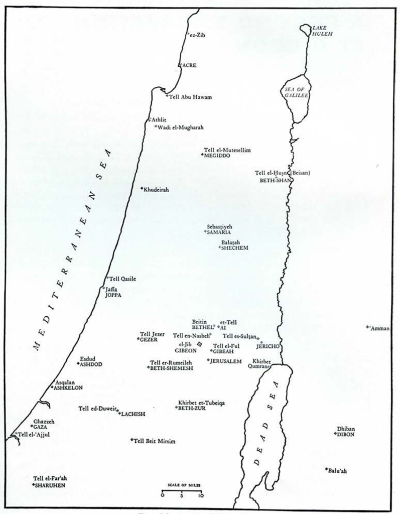 Map of Palestine with cities and archeological sites marked.