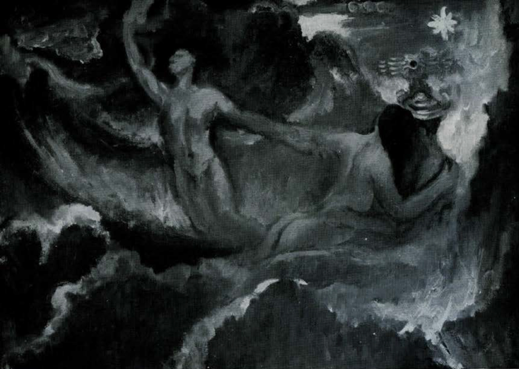 Painting showing two nude people in the sea.
