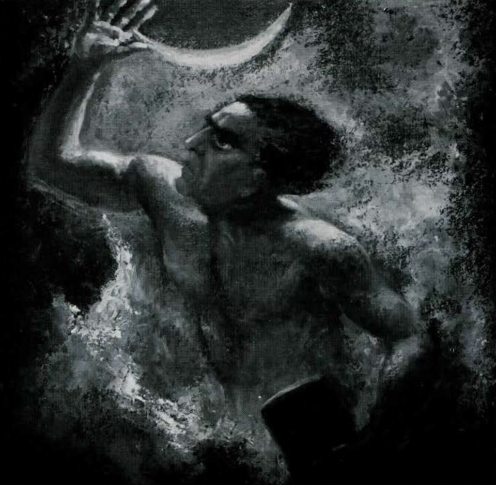 painting of a man holding a crescent moon.