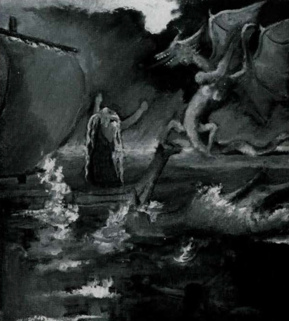 Painting showing a figure in a boat fighting a dragon.