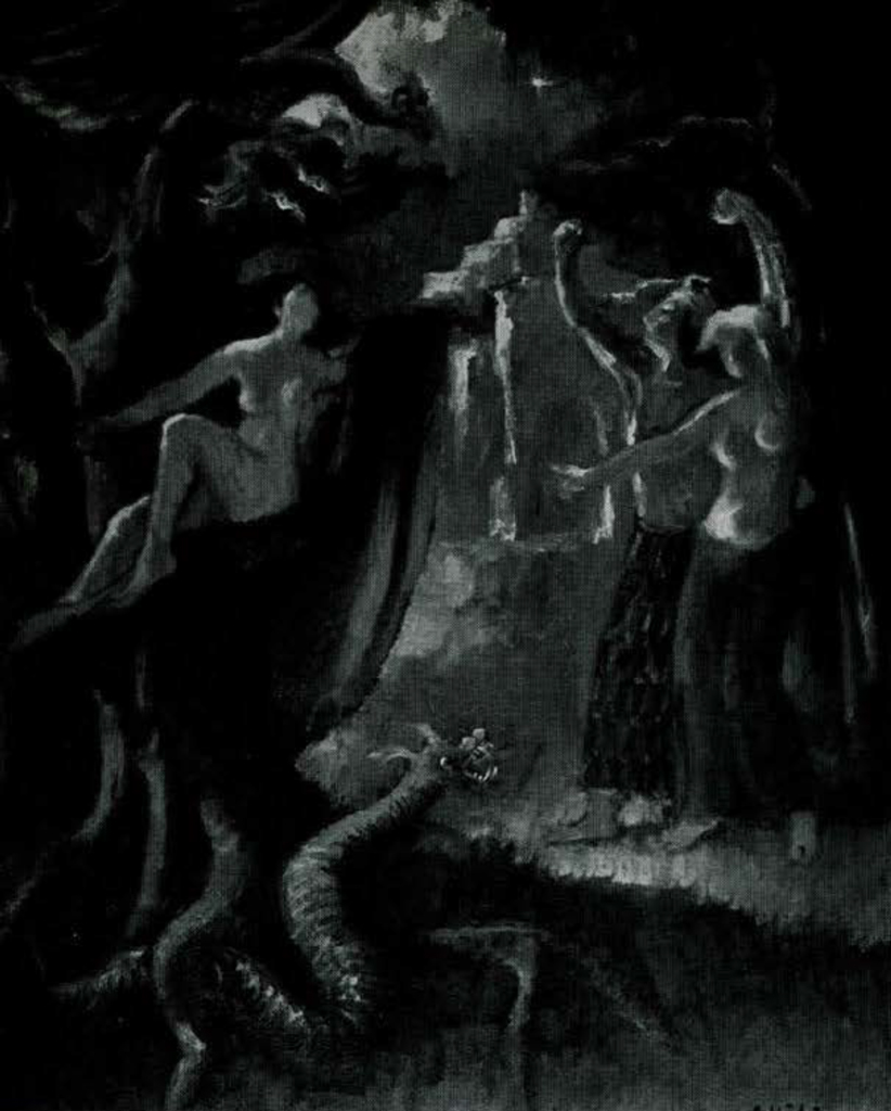 Painting of figures shaking their fists at a snake and nude woman.