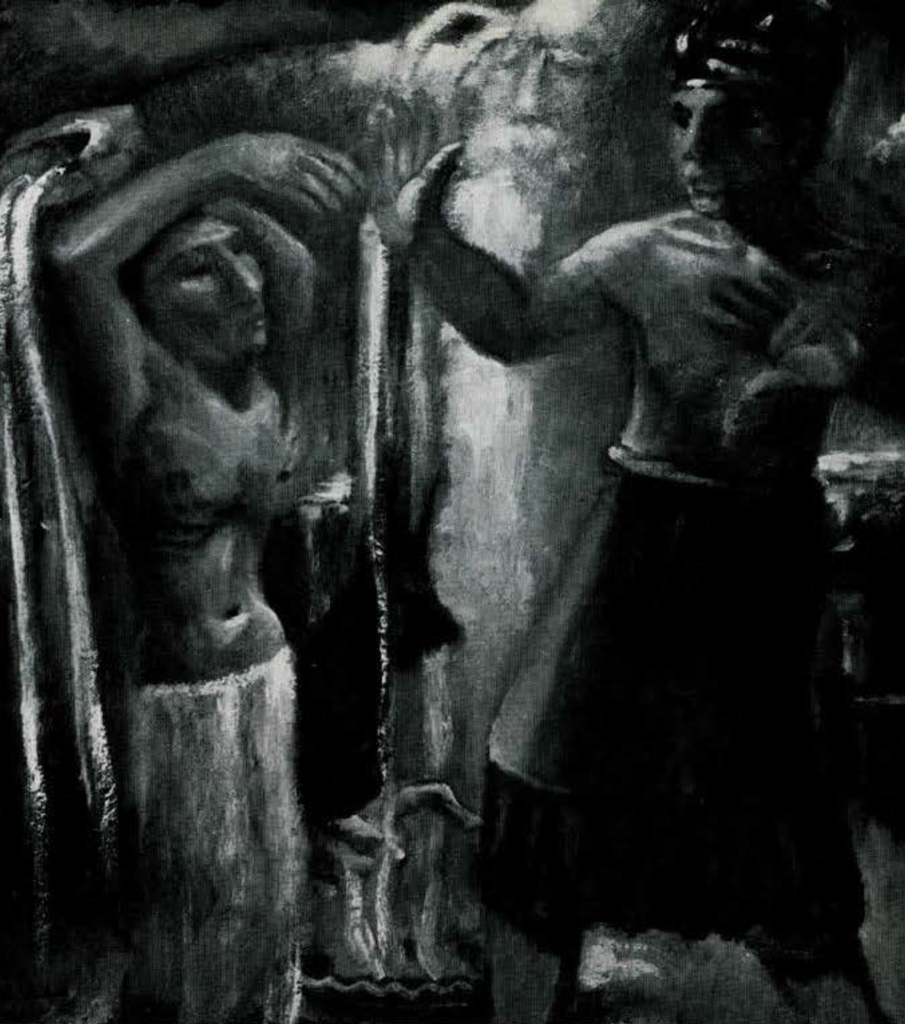 A painting of a man looking at a ghost.
