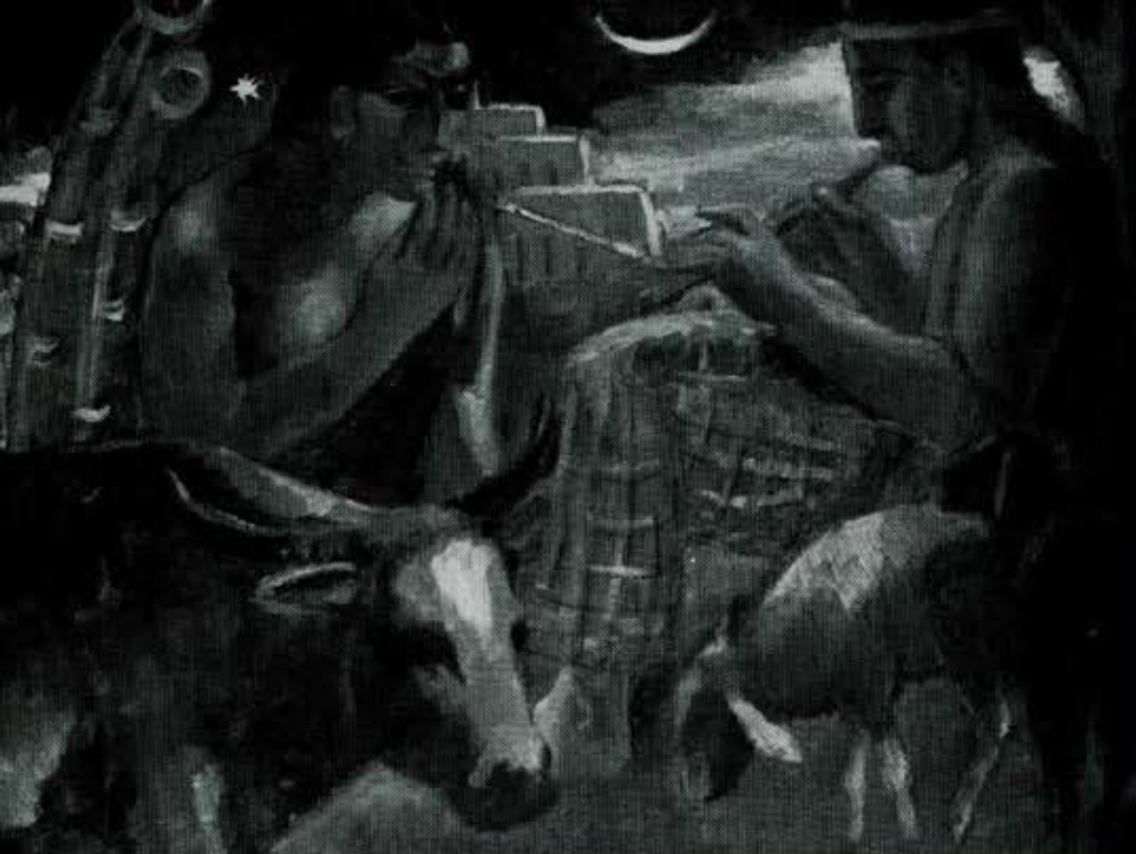 Painting of a man playing the flute for a woman and a cow.