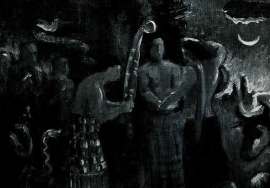 Painting of figures at the entrance of the Nether World