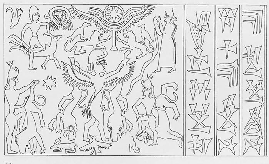 Drawing of scene found on a seal, three columns of cuneiform inscriptions and religious figures.