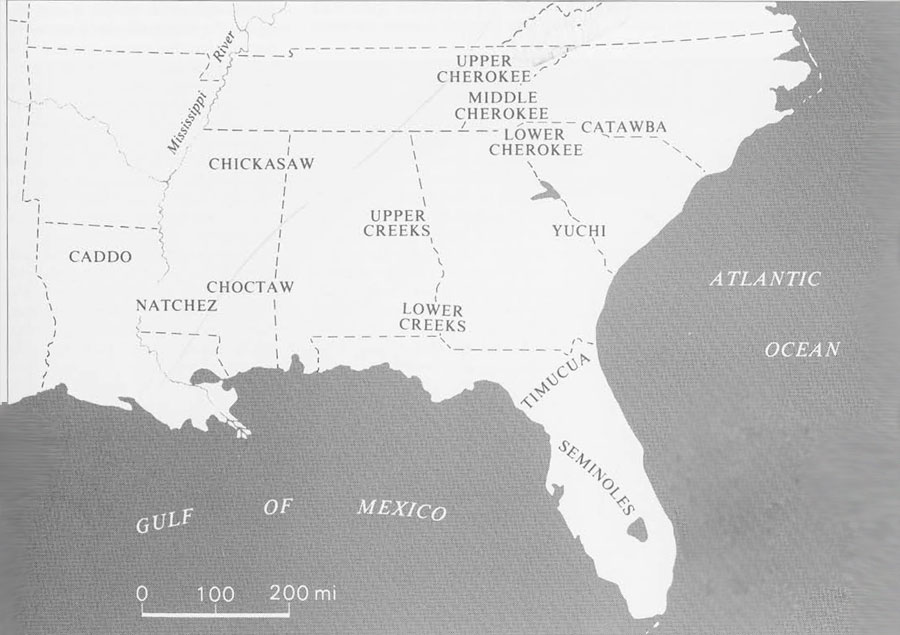 Map of the southeast United States with areas of Native American tribes noted.