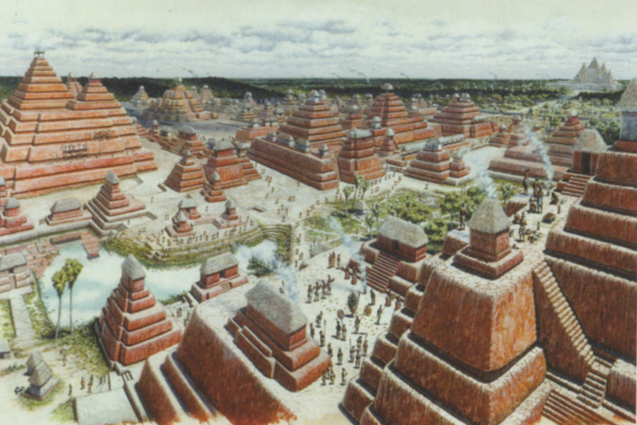 Arists depiction of El Mirador at it's peak, showing many tiered pyramids and bustling streets.