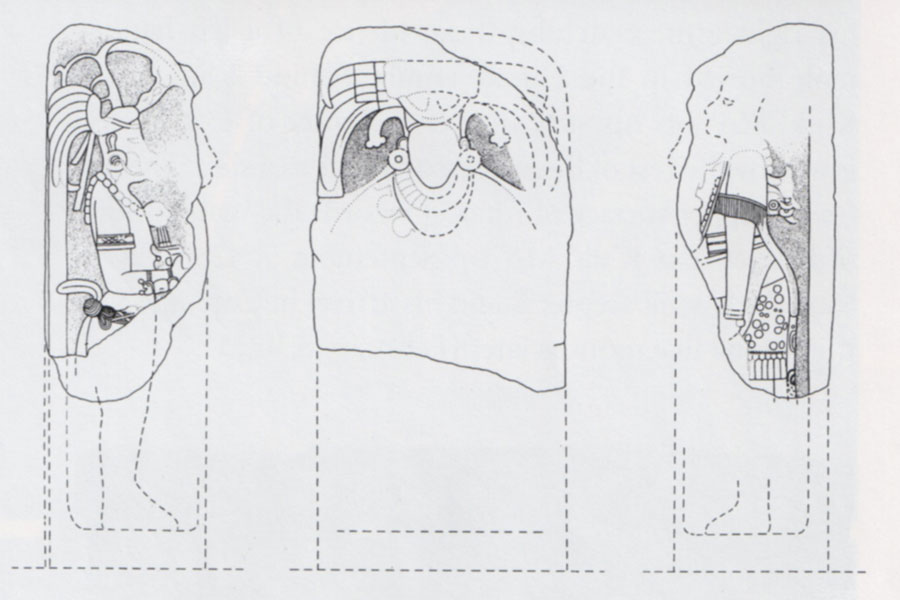 Drawings of three sides of a stela depicting a female ruler.