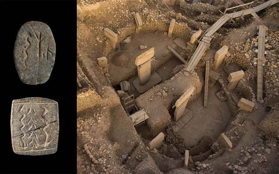 Two tablets with symbols carved into them, an aerial view of a round excavated building with stone walls with massive stone pillars holding them together.