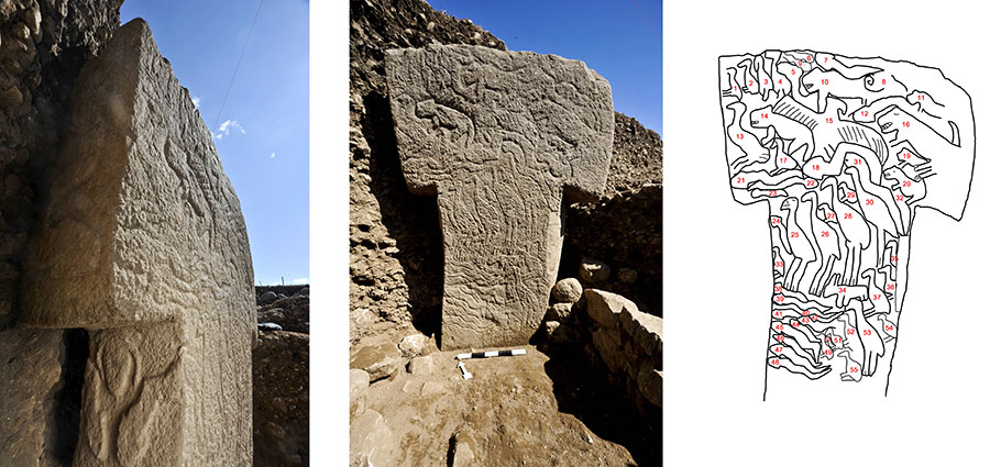 Two angles of a stone pillar with animal carvings and a drawing of those carvings, each figure numbered.