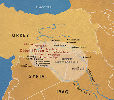 Map of Turkey, Syria, and Iraq with major sites of Upper Mesopotamia noted.